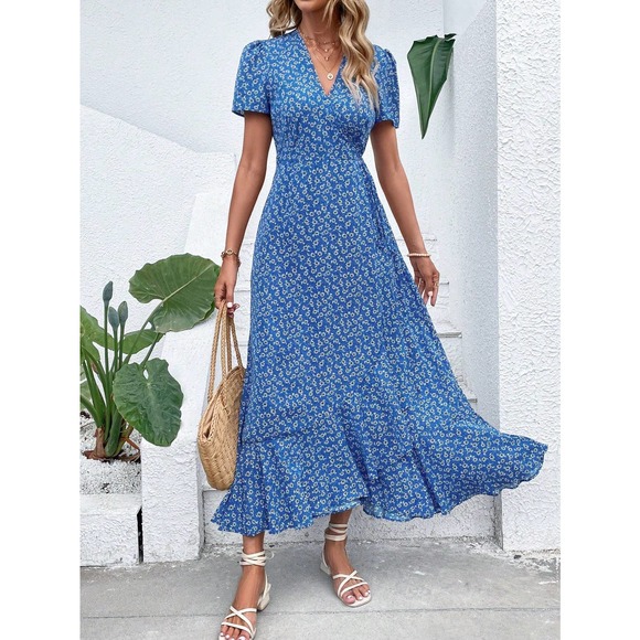 boho Floral Print Ruffle Hem Belted maxi Dress red - Picture 5 of 11